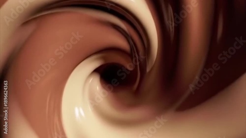 Two tone creamy chocolate and milk liquid dessert swirling as a sweet food ingredient and mixing beverage concept