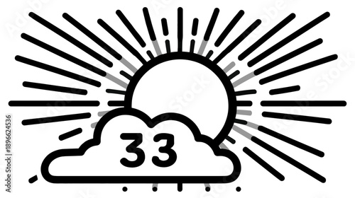 A stylized weather icon with a radiant sun, cloud, and the number 33