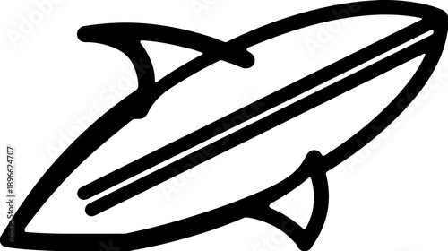 A black and white illustration of a surfboard on a white background. It's stylized