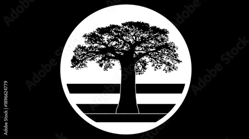Stylized monochrome artwork of a tree enclosed in a white oval with horizontal stripes below its trunk