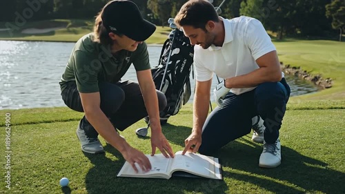Two men studying a golf book on a golf course near a lake.