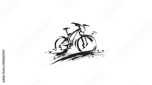 Stylized, black and white illustration of a mountain bike with brush strokes