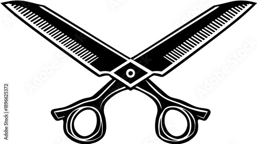 Black and white illustration of crossed shears with handles and sharp blades