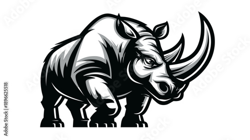 A stylized illustration of a rhinoceros, rendered in shades of grey and black on a white background