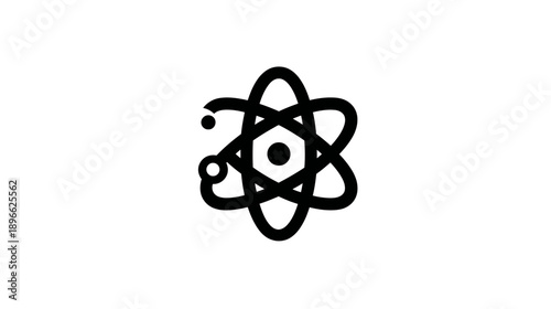 Black atom graphic centered on white background with orbital rings and smaller circles
