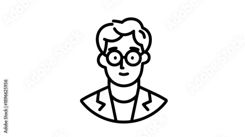 A simple, black-and-white illustration of a person with glasses and a blazer