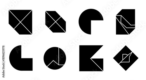 A collection of vector geometric shapes with various white lines and curves on black backgrounds displayed from a straightforward viewpoint.