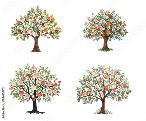 Beautiful spring flowering tree isolated on transparent background, illustration