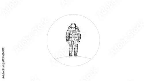 A black and white illustration of an astronaut standing inside a circle on a white background