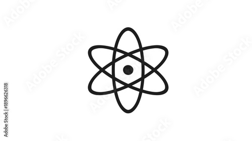 Black atom graphic centered on white background, illustrating orbital paths around a central nucleus