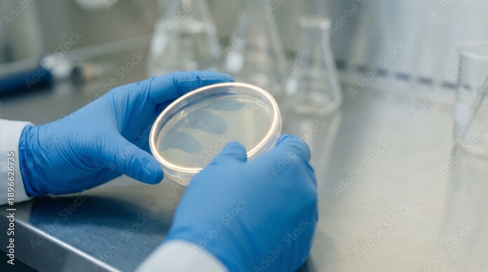 Fototapeta premium Gloved Hands Holding a Petri Dish on a Clean Laboratory Bench