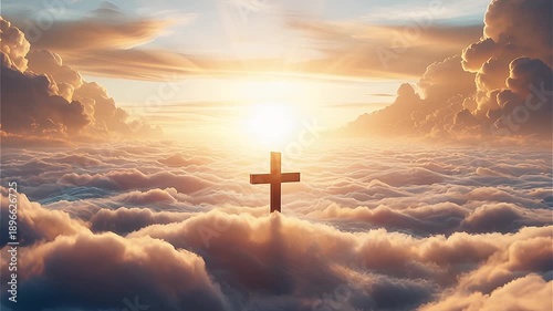 Christian cross above clouds at sunrise or sunset. Religious symbol in heaven, spiritual worship concept for easter or ascension.