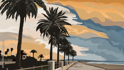 Coastal landscape with palm trees swaying in the wind, intense summer light, light atmosphere.