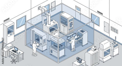 Modern industrial facility illustration technicians operate advanced 3D printing and manufacturing equipment, symbolizing high-tech production and innovation