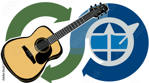 A musical guitar is shown surrounded by green and blue arrows symbolizing a circular concept