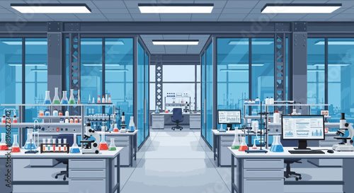 Modern vector illustration of a high-tech scientific research laboratory interior, featuring advanced equipment and workspaces for innovative experiments and discoveries