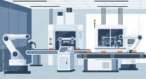 Streamlined industrial automation processes with robotic arms and conveyor belts ensuring high efficiency in a modern smart factory production line