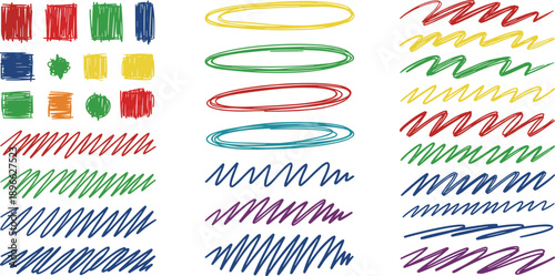 Collection of colorful shapes and scribbles arranged in a visually appealing pattern on a clean background from a straightforward viewpoint