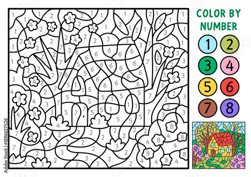 Vector Easter color by number activity with garden house, trees, flowers. Spring black and white counting, colouring game. Cute coloring page for kids. Line printable worksheet