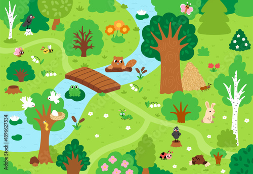 Vector forest background with river and bridge, animals, insects. Cute woodland landscape with trees, bushes, spring flowers. Nature scene with hare, frog, mole, beaver, birds and butterflies