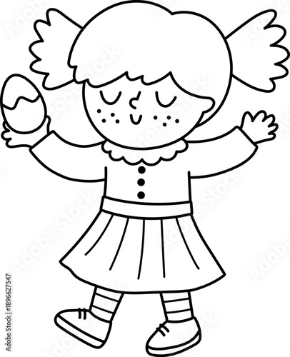 Happy joyful girl holding chocolate egg. Vector Easter egg hunt concept. Cute black and white kid icon. Spring holiday line illustration. Children clipart, coloring page