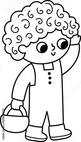 Boy with basket. Vector Easter egg hunt or mushroom gathering concept. Cute black and white kid icon. Spring holiday line illustration. Woodland or forest children, coloring page