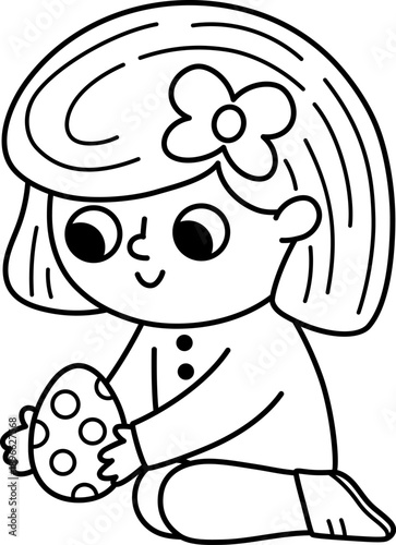 Happy joyful girl holding chocolate egg. Vector Easter egg hunt concept. Cute black and white kid icon. Spring holiday line illustration. Children clipart, coloring page