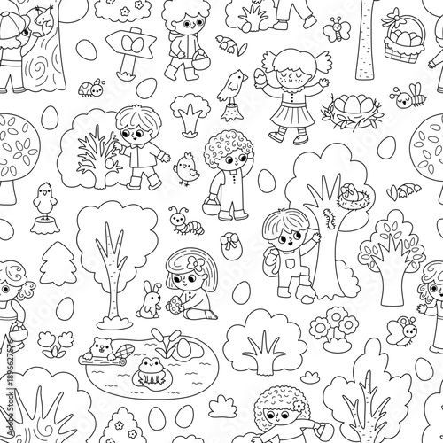 Vector black and white Easter egg hunt seamless pattern. Repeat line background with kids, trees, bushes, insects, basket, nature element. Coloring page with children looking for eggs