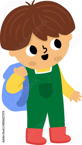 Boy with backpack. Vector Easter egg hunt, mushroom gathering or outdoor camping concept. Cute kid icon. Spring holiday illustration, clipart. Woodland or forest child with sack