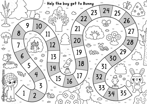 Easter holiday line board game for children with forest scene and boy with basket going to bunny. Black and white boardgame with trees, birds, animals, woodland nature. Spring printable coloring page