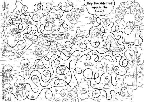 Easter egg hunt line maze for children with woodland scene, boys and girls with baskets. Black and white labyrinth game with kids searching for eggs in forest. Spring holiday coloring page