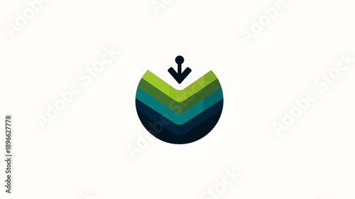 A layered circular abstract emblem. A descending arrow over layered green and blue design