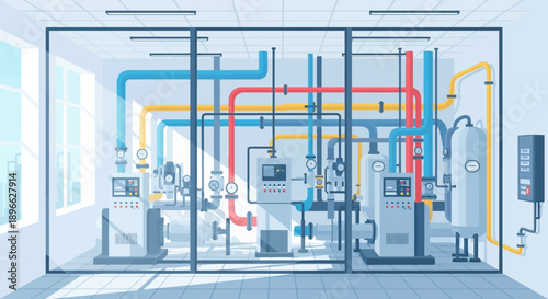 Efficient Industrial Fluid Management System Inside a Modern Factory Room with Interconnected Colorful Pipes, Pumps, and Digital Control Units, Illustrating Process Engineering
