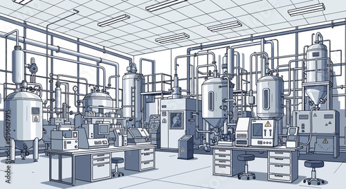 Detailed illustration of a modern industrial research lab. Advanced chemical processing equipment, intricate piping, and control systems for scientific discovery