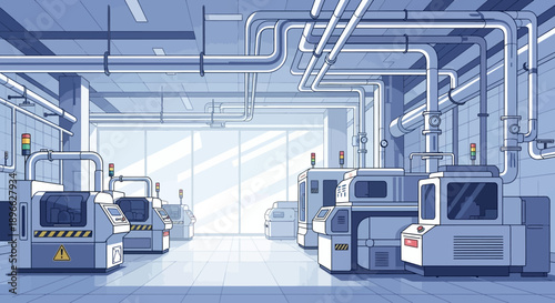 Modern automated factory floor with advanced machinery and industrial production equipment, showcasing a streamlined manufacturing environment ready for innovation