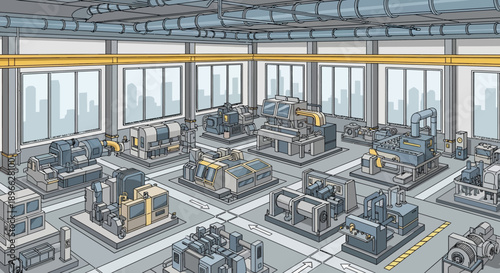 Modern industrial factory workshop illustration with rows of heavy machinery, precision tools, and advanced production equipment for manufacturing and engineering