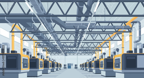 Modern industrial factory floor with automated machinery rows, illustrating efficient manufacturing processes and advanced technology in a large production facility