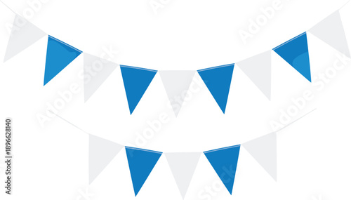 A string of blue and white triangular flags hanging from a cord, viewed from the front in a festive atmosphere.