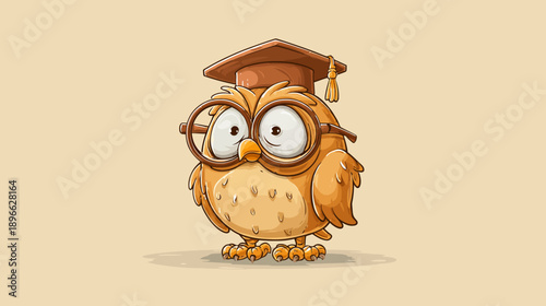A cartoon owl wearing glasses and a graduation cap stands on a neutral background