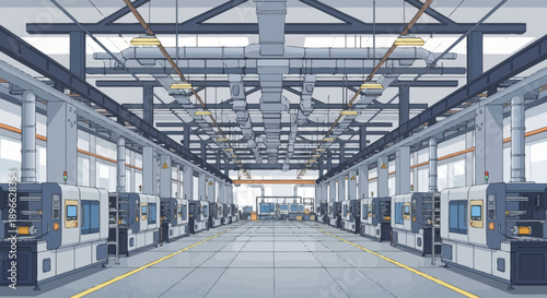 Modern automated factory floor with precision machinery showcasing a clean, high-tech industrial manufacturing environment for efficient production and engineering