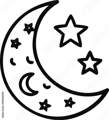Crescent Moon And Stars Icon, Celestial Symbol, Nighttime Design