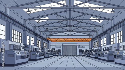 Modern industrial manufacturing workshop with rows of precision machinery and advanced equipment, featuring a spacious interior and overhead crane for efficient production processes