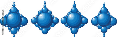 Four blue molecular structures aligned in a row, illustrating scientific concepts and symmetry from a straightforward viewpoint