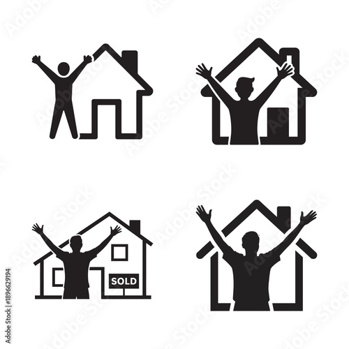A set of four pictograms representing celebration of home ownership and real estate success