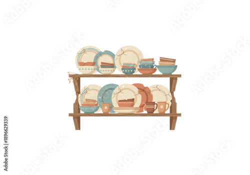 Ceramic kitchen plates and bowls on wooden shelf png on transparent background