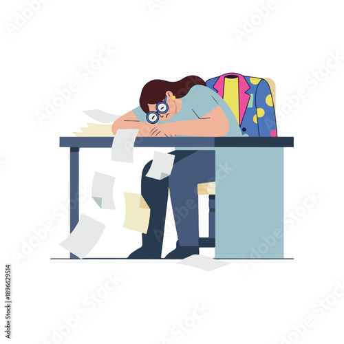 Tired office worker sleeping on desk work stress flat illustration