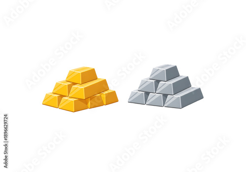 gold and silver ingot piles flat vector style png on transparent background