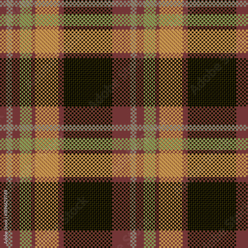 Classic Glen plaid pattern featuring a black base with intersecting white, olive green, and brown twill lines, creating a sophisticated and timeless textile design.