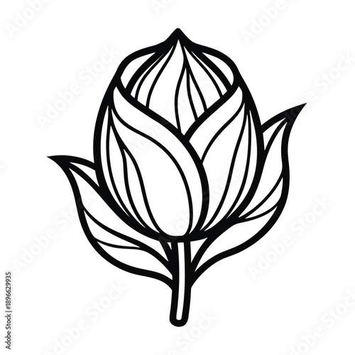 Black Line Drawing of a Lotus Flower with Leaves