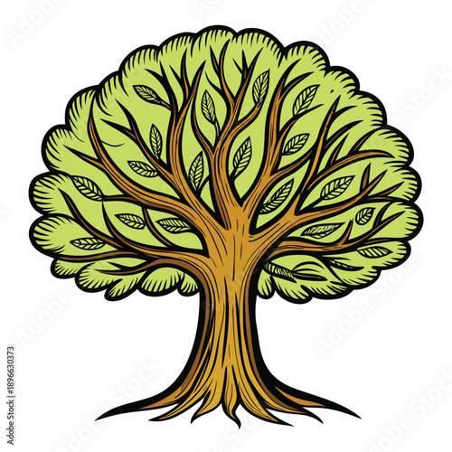 A charming green and brown tree illustration with sparse leaves and visible branches.